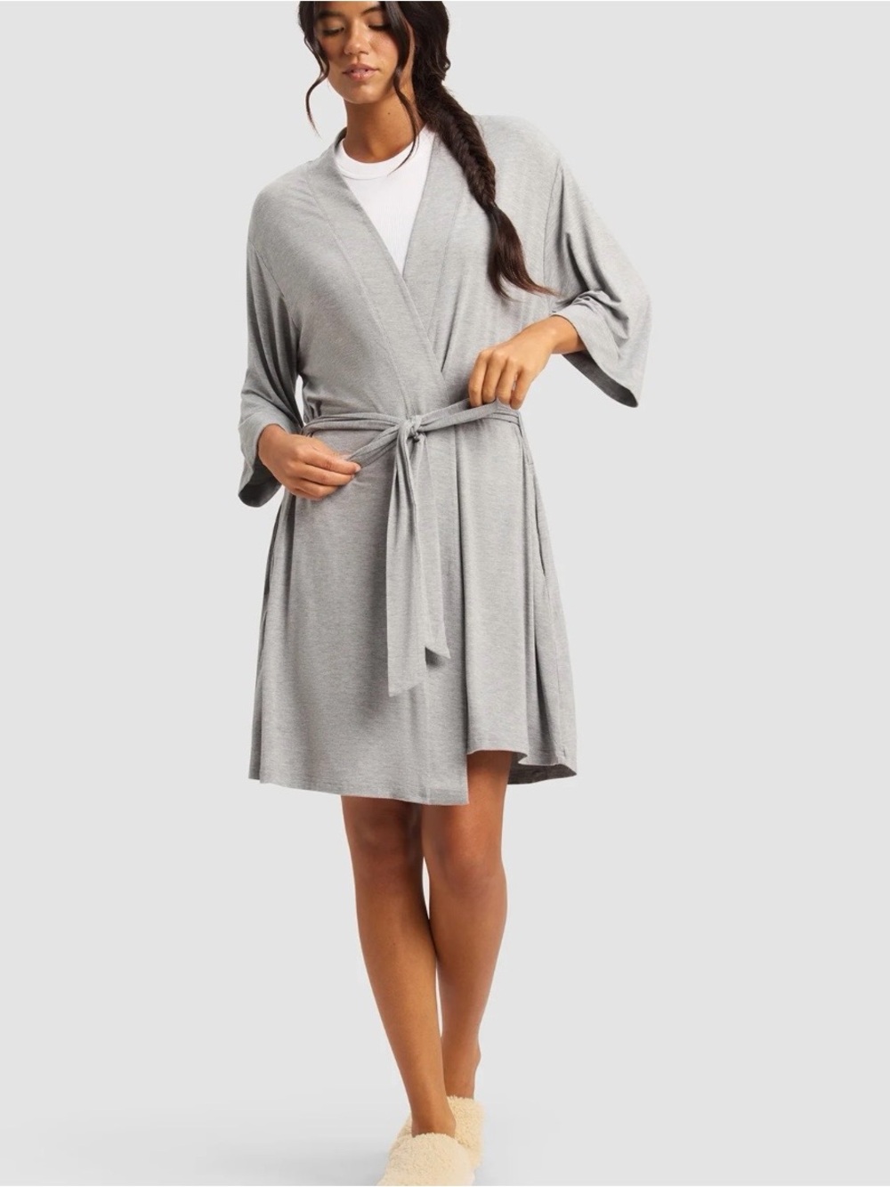 Cozy Earth Gray Bamboo Stretch-Knit Kimono Robe Sleep Lounge- Women XL